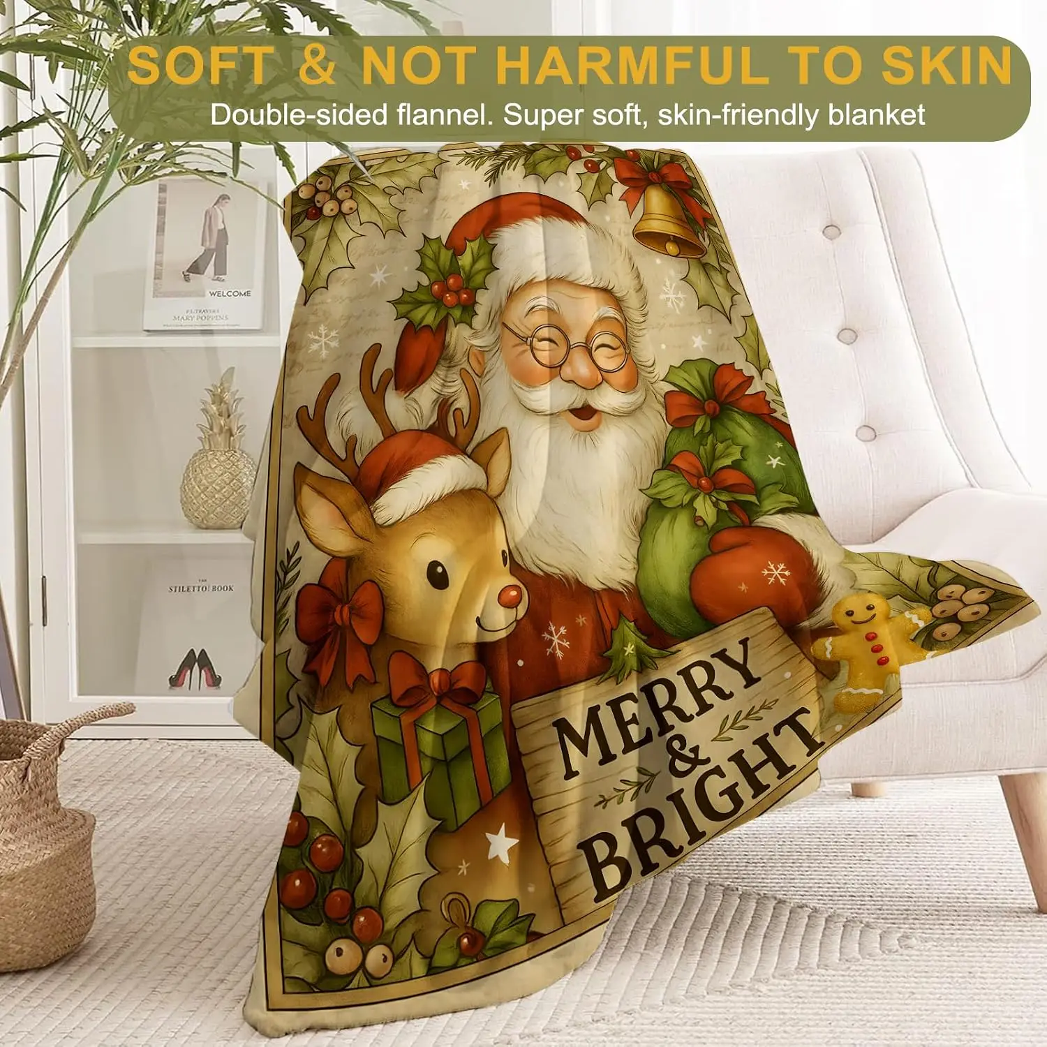 Vintage Christmas Decorative Blanket, Gingerbread Santa Reindeer Print Throw Decoration, Soft Flannel Winter Blankets for Couch Bed Sofa, Holiday Home Decor, Xmas Festival Gifts 50x60 Inch