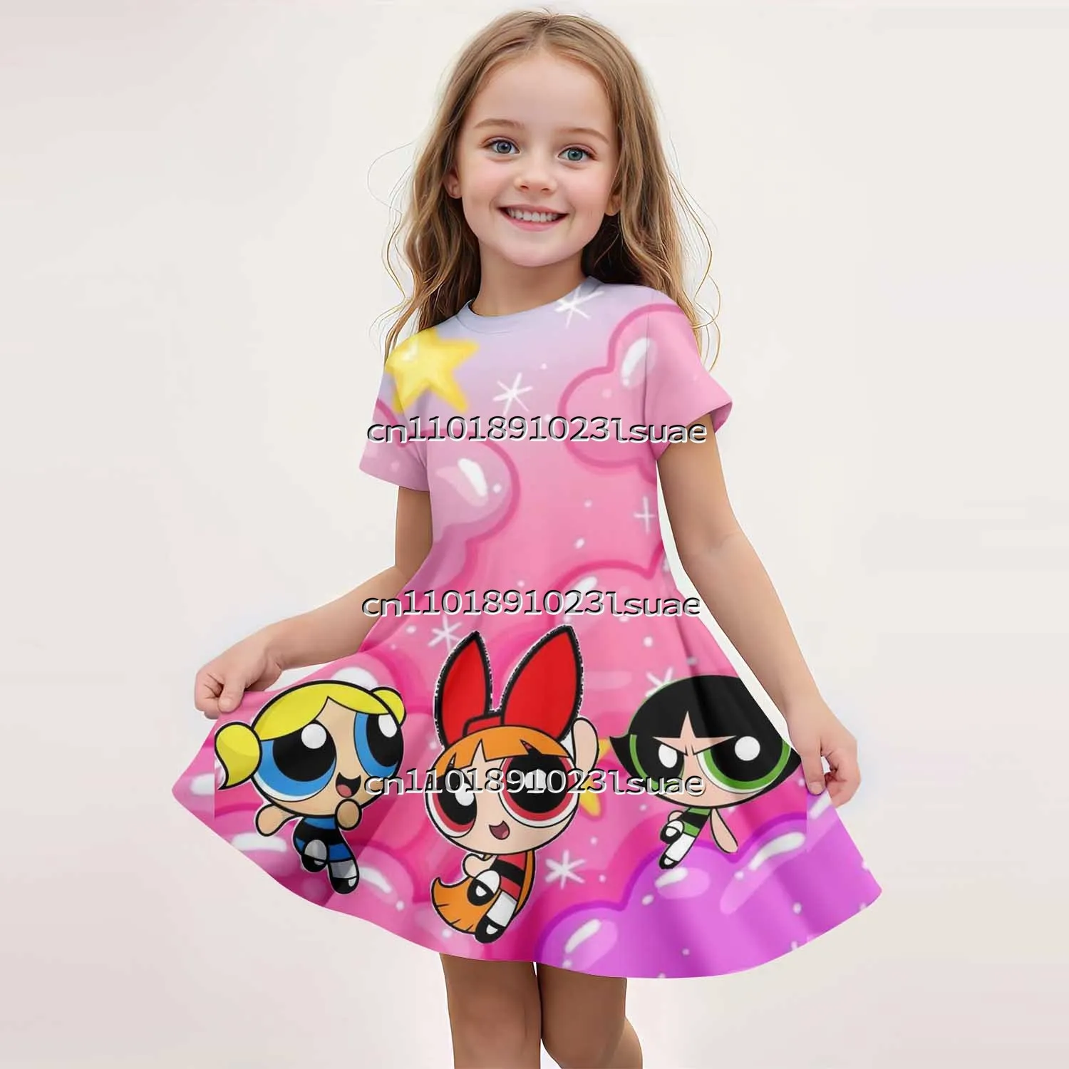 

The Powerpuff Girls Children's Girls Short Sleeved Skirt Children's Summer Trend Skirt Miniso Cartoon Princess Casual Dress