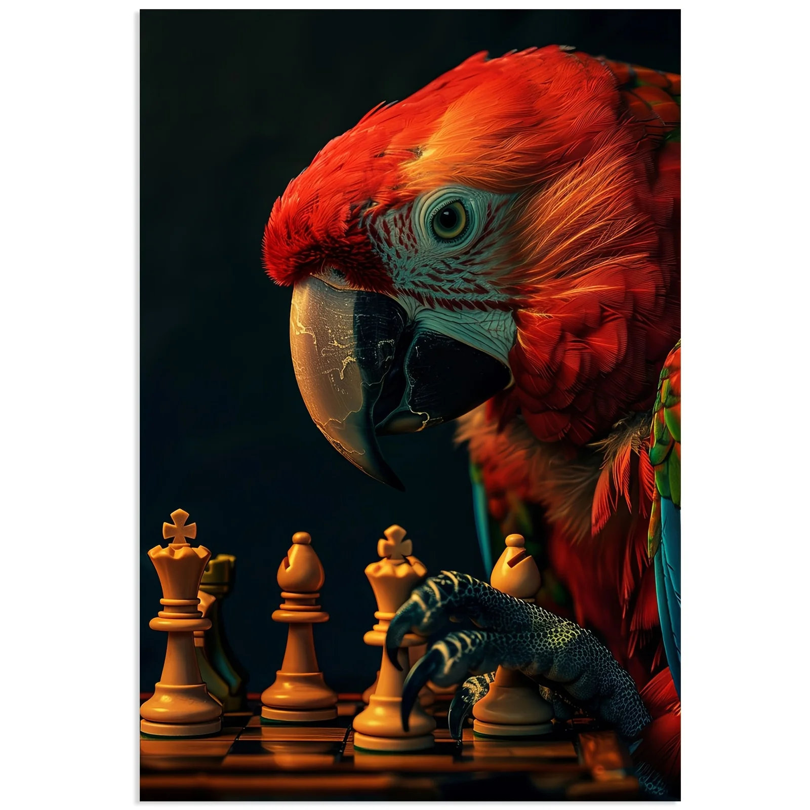 12x18 Inch Frameless Canvas Parrot Chess Art - Vibrant Red Parrot Playing Chessboard with Detailed Feathers, Perfect for Bedroom
