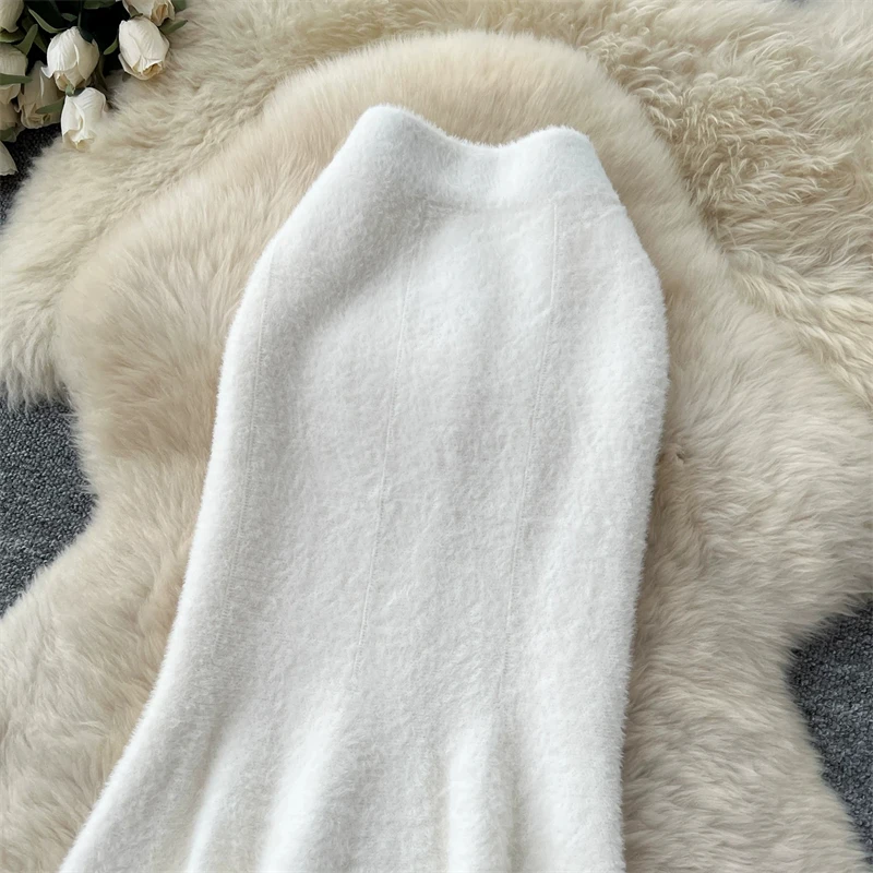 Damen Kunstnerz Gestrickter Meerjungfrauenrock Hohe Taille Weicher Flauschiger Warmer Pulloverrock Herbst Winter Eleganter Figurbetonter Langer Midirock 636 – Detail 16