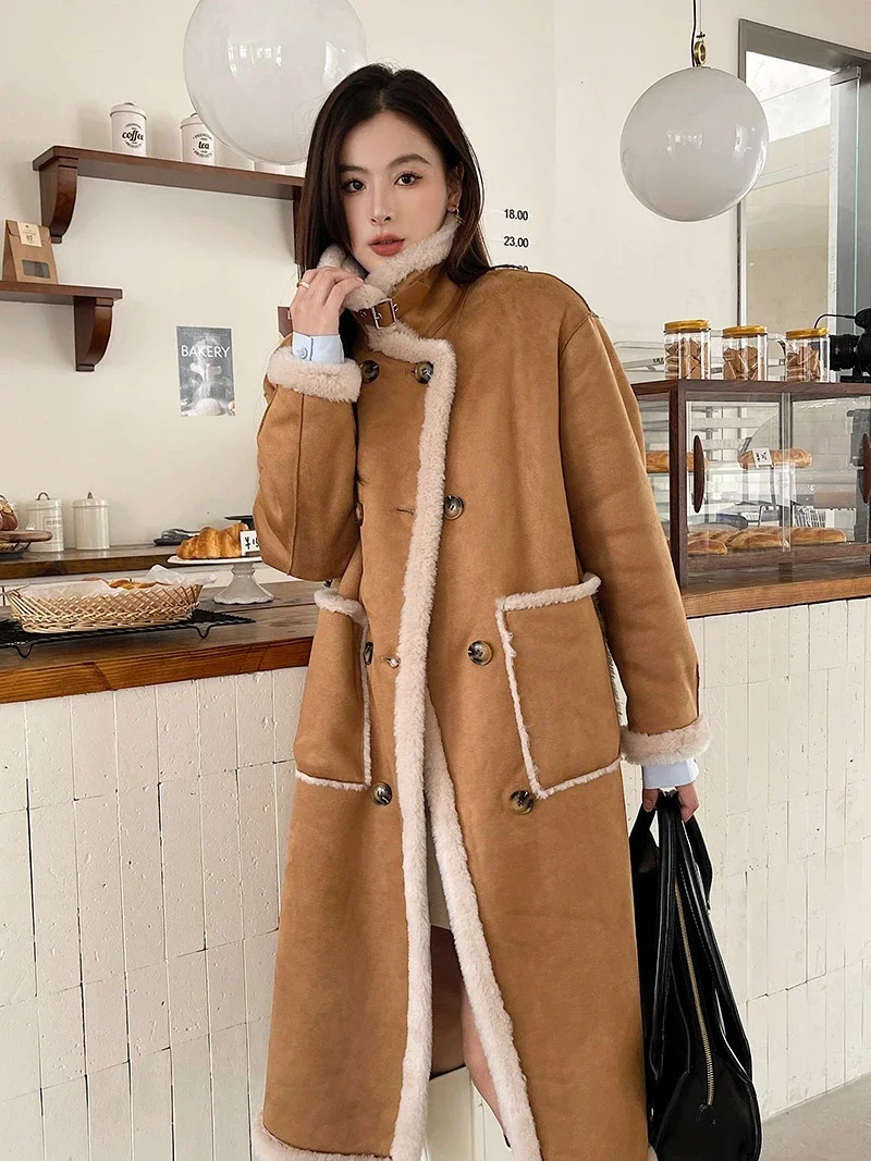 

2023 Women Winter Real Fur Coat Sheep Fur Coat Women Clothes Long Real Fur Jacket Pockets Stand Collar Buttons Females L01