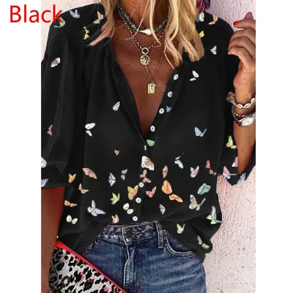 Popular fashion women\'s Europe and the United States spring big yards blouse long-sleeved lapel shirt butterfly print shirt