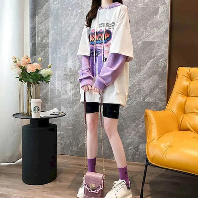 Women Hooded 2024 Autumn New Mid-length Student All-match Hoodies Korean Style of Loose Fake Two-piece Sweatshirt Trend Pullover