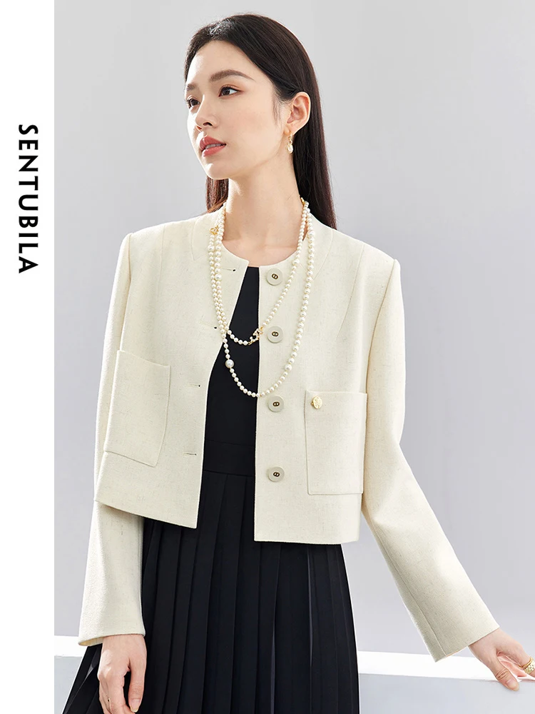 SENTUBILA Luxury Elegant Straight Cropped Tweed Jacket 2024 Spring Round Neck Single Breasted Women's Coat Outerwear 141W52854