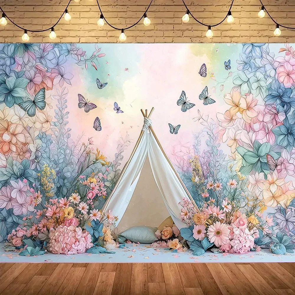 

Watercolor flower and butterfly themed banner photography background, children birthday party decoration photography background
