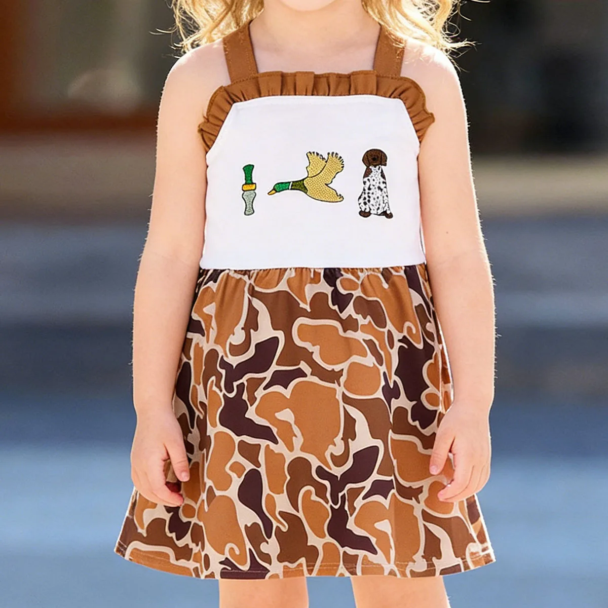 

Kids Baby Girl Embroidery Duck Dogs Camo Ruffles Strap Sleeveless Hunting Knee Length Dresses Toddler Children Clothing Clothes