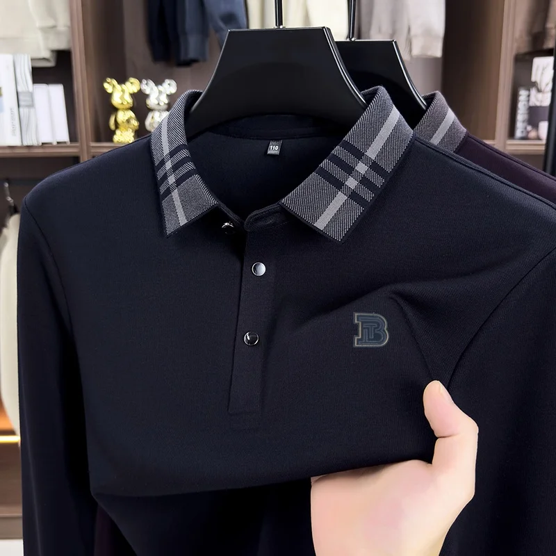 High End Quality Men's Print Polo Shirt Autumn New Fashion Solid Color Long Sleeved Lapel T-shirt Business Casual Men's Clothing