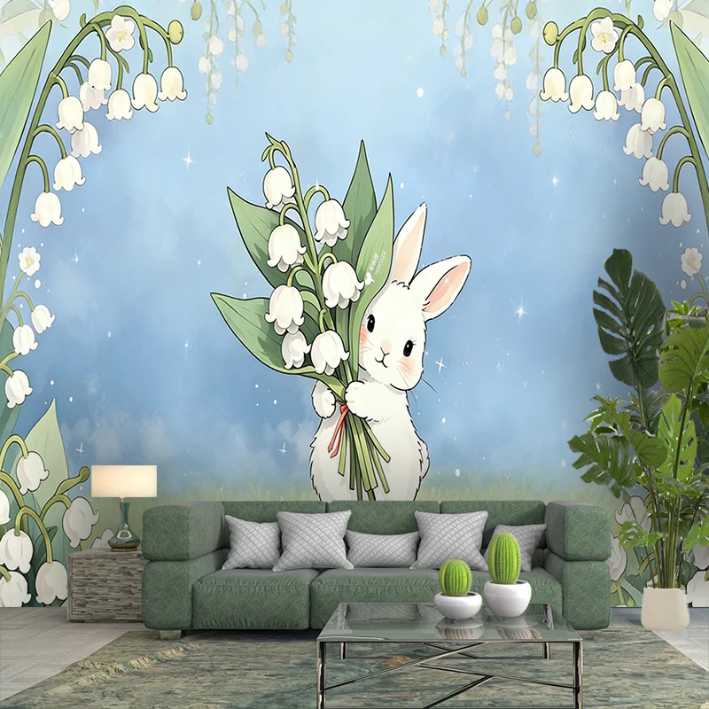 1PC Cartoon Bunny Lily of Valley Art Print Backdrop Banner, Bedroom Living Room Photo Background, Polyester, Home Decor, Wall Ar