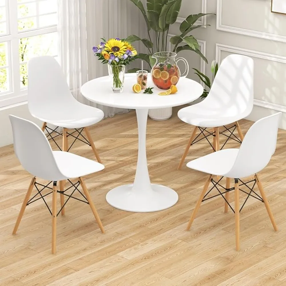 Round Dining Table Set for 4, Kitchen Table Set with Seat & Solid Wood Legs, Round Kitchen Table and Chairs for Small Space