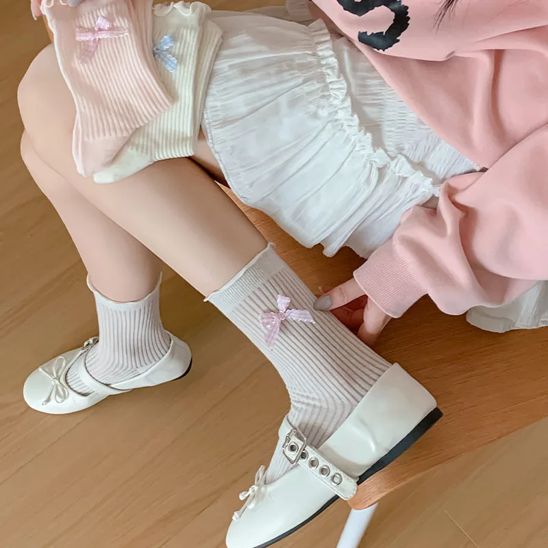 Women's Socks Fungus Edge Bow Korean Sweet Thin Breathable Comfortable Cotton Socks Kawaii Versatile Mid Tube Socks For Girl