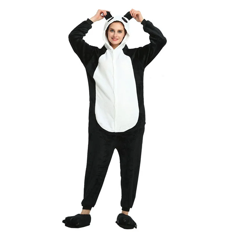 Cute Panda One-piece Pajamas with Zippers Soft Flannel Hooded Sleepwear Fashion Unisex Halloween Cosplay Casual Loungewear