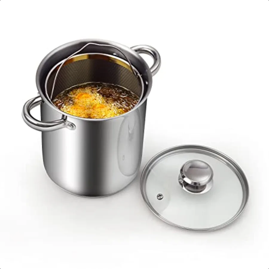 

Deep Fryer Pot Japanese Tempura Small Stainl Steel Deep Frying Pot 304 Stainl Steel with Oil Drip Drainer Rack Glass Lid 6.3 in