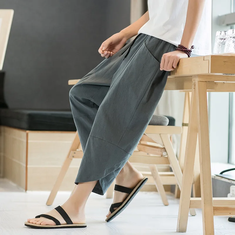 Japanese Retro Men's Cropped Pants Summer Casual Fashion Solid Color Simple Loose Splicing Split Male Plus Size 5XL Trousers