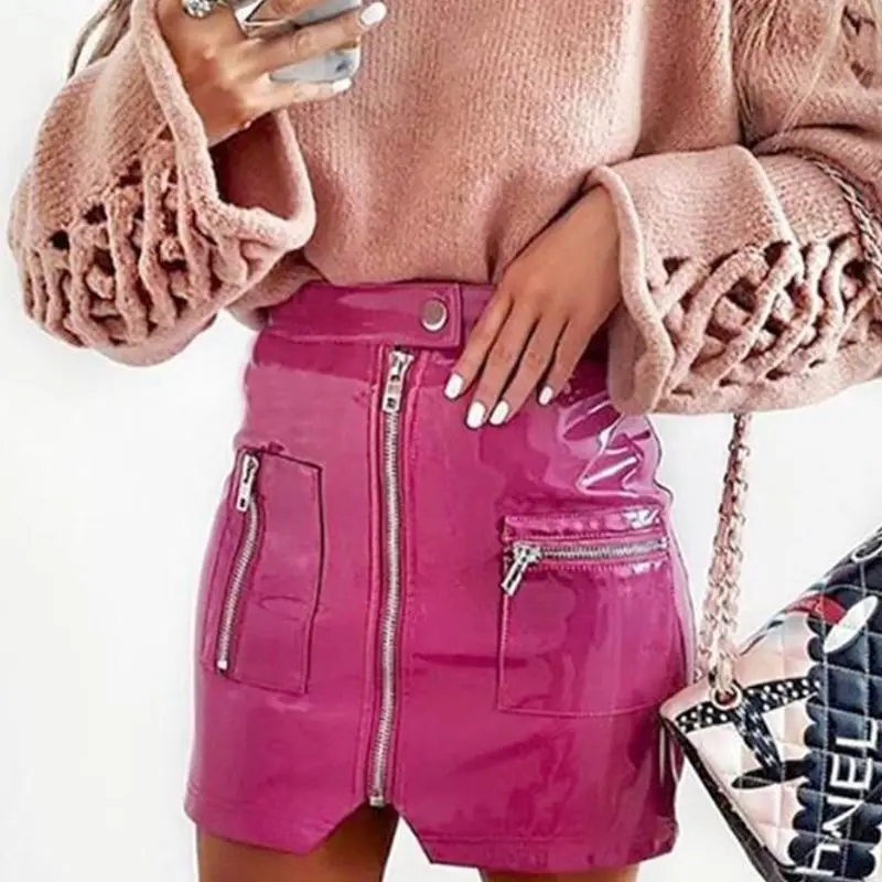 

Юбка из искусственной кожи с твердым лицом, INS, обнимающая бедра, новая розовая облегающая юбка с высокой талией, сексуальная мини-юбка на молнии в корейском стиле y2k