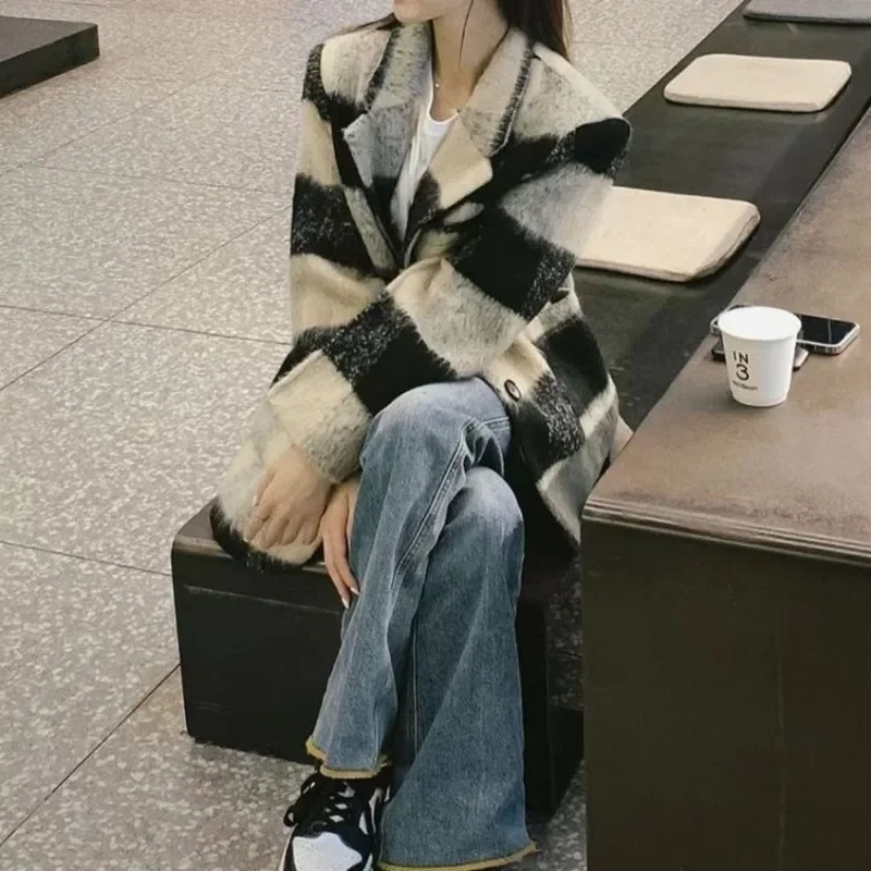 【Revival vintage】 F/W Giacca da donna a quadretti in stile britannico Cappotto in tweed ispessito Giacca da fidanzato oversize Autunno Streetwear