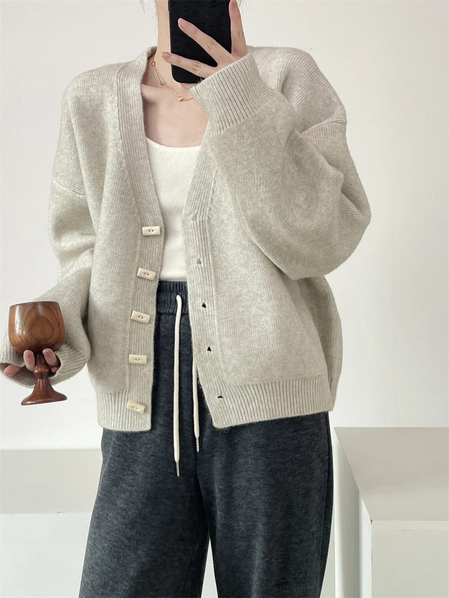 

Ele V-ne Knitted Sweater Open Cardigan Women's Loose Sle Single Button Floral Coffee Color Knitwear Spring Autumn Winter