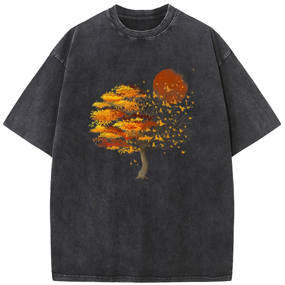 

Outdoor Colorful Tree Men/Women Washed T-Shirt 230g Cotton Funny Bleached Tshirt Retro Hip Hop Bleach T shirt