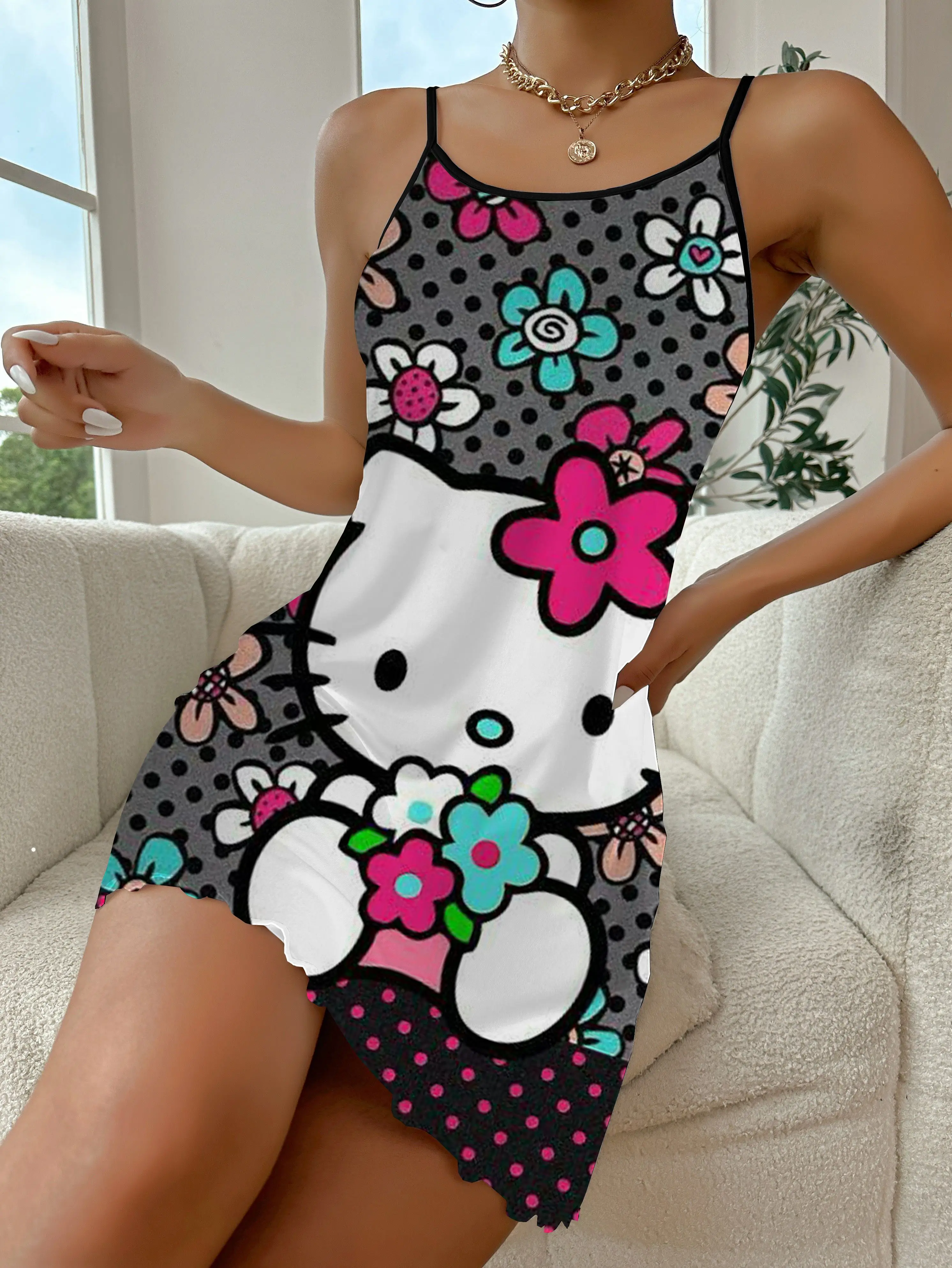 Hello Kitty saia de pijama para mulheres, mini vestidos elegantes, superfície de cetim, guarnição de alface, moda sexy chique, verão, 2024