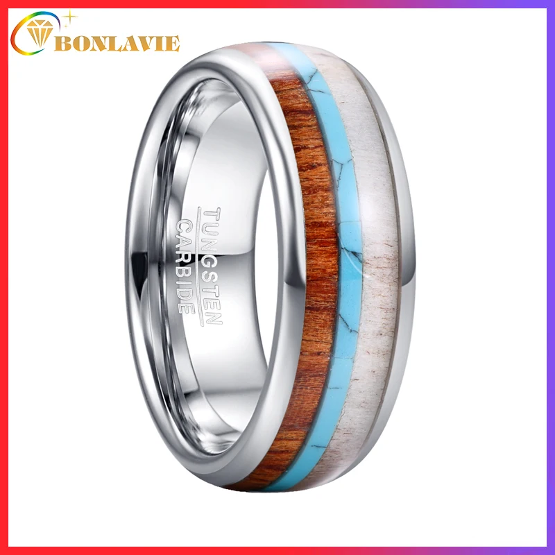 BONLAVIE Deer Antlers Green Stone Tungsten Rings For Men High Polish Dome Wood Tungsten Carbide Ring