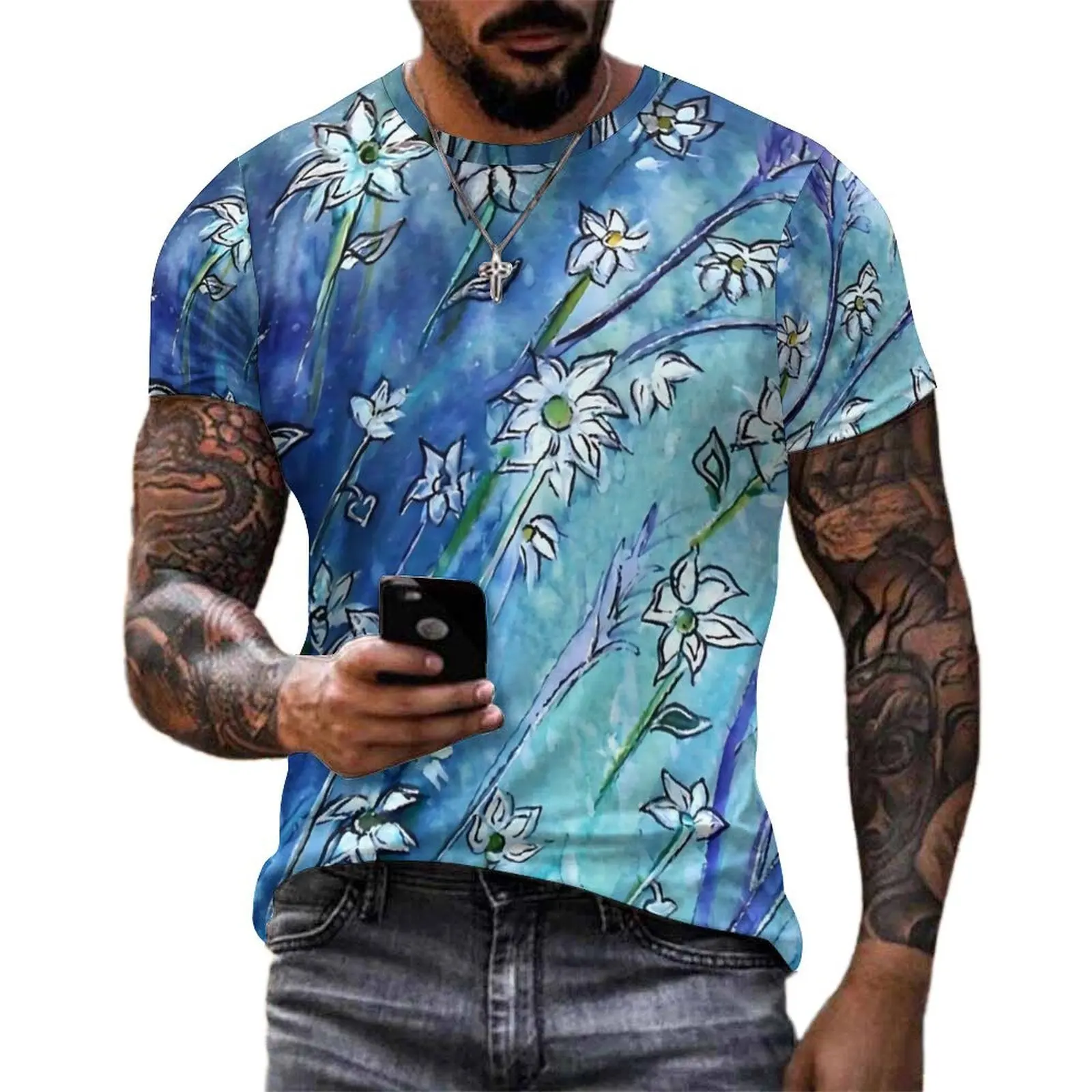 Retro Blue Fower T Shirt Dainty Daisies Trendy T Shirts Men Funny Tee Shirt Summer Short Sleeves Graphic Tees 4XL 5XL 6XL