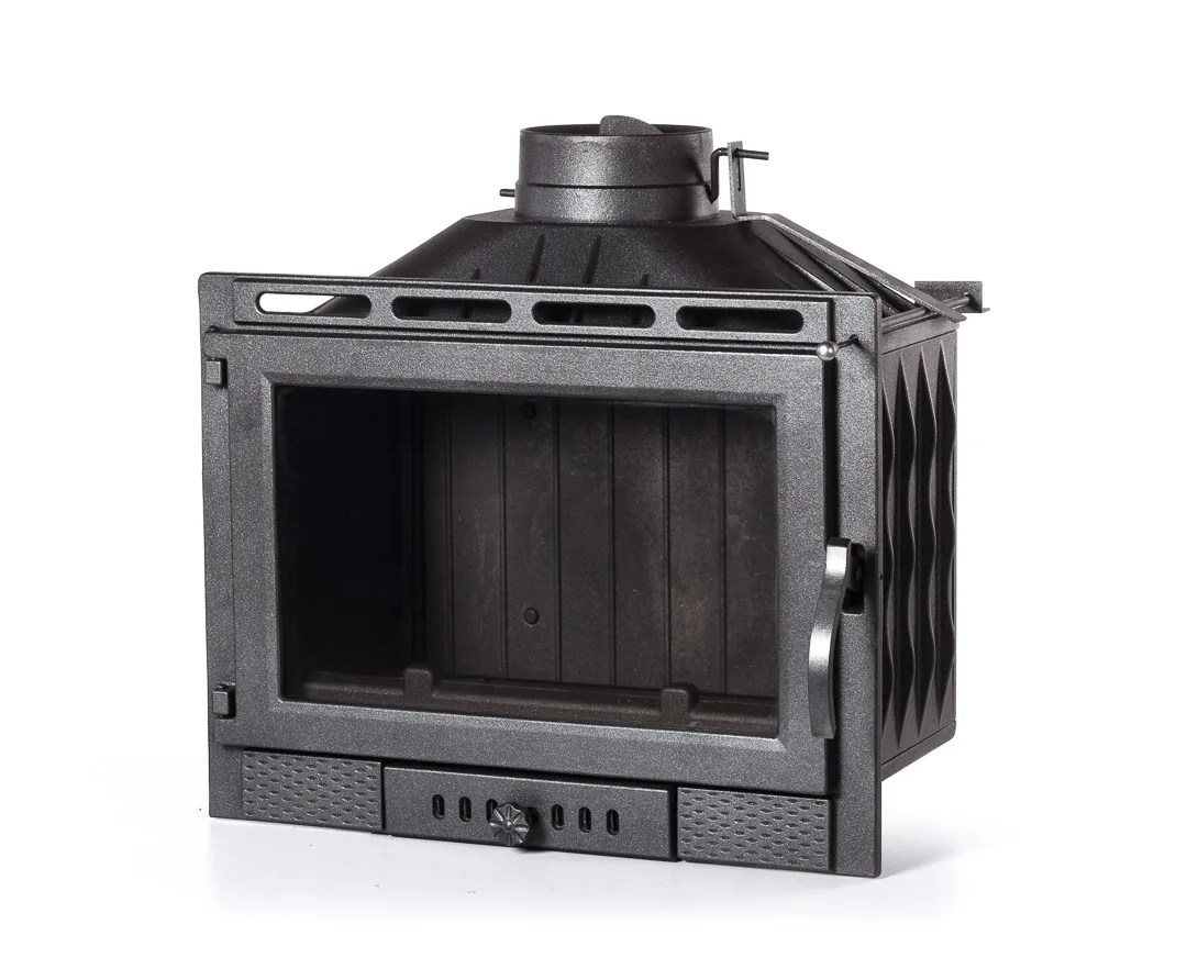 Todos los estufas de leña integradas de hierro fundido para interiores modernas. Chimenea empotrable con aleta superior para salas de estar y apartamentos.
