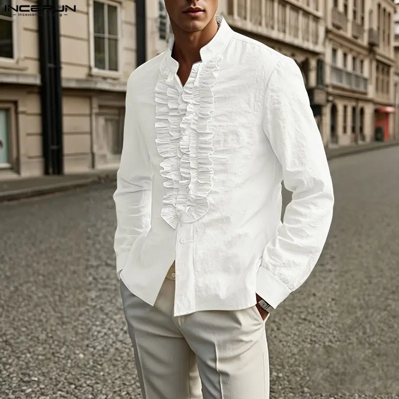 

Мужская рубашка INCERUN, однотонная, с оборками, с длинным рукавом, повседневная, уличная одежда, свободный крой, модная коллекция 2026, мужские топы для отдыха, рубашки