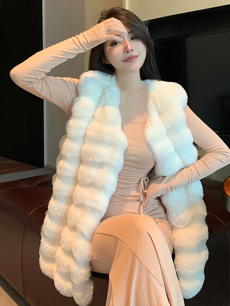 Women Sleeveless Vest Faux Fur Jacket Elegant Fashion Casual Solid O-Neck Mid-Length Versatile Waistcoats 2023 New Autumn Winter