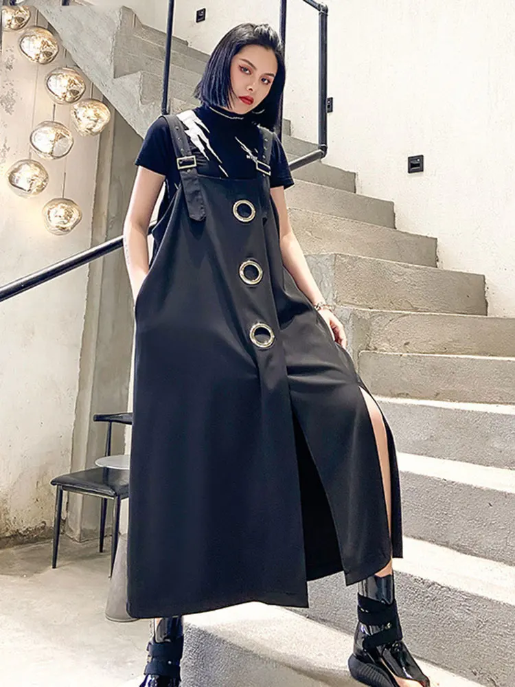 

Women Black Irregular Slit Big Size Strap Dress New Square Collar Sleeveless Loose Fit Fashion Spring Autumn 2022