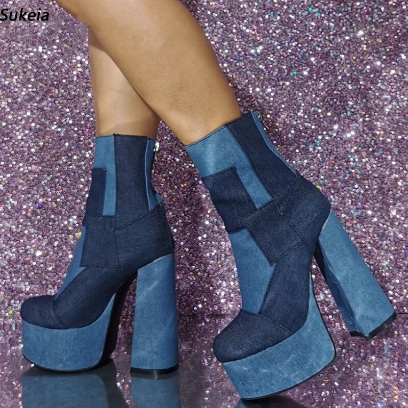 

Sukeia Handmade Women Winter Ankle Boots Jeans Platform Round Toe Beautiful Blue Party Shoes US Plus Size 5-20