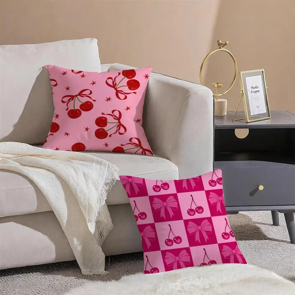 Sweet Girly Floral Art Pink Bow Cherry Pattern Cushion Cover Pillowcase Short Plush Invisible Zipper Room Sofa Cushion Cover