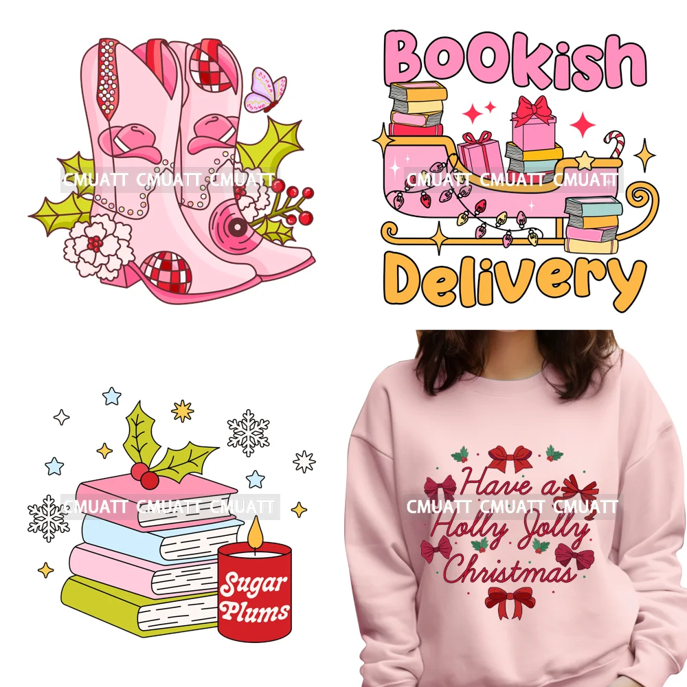 Have A Holly Jolly Christmas Bookish Delivery Seasons Reading DTF Heat Transfers Stickers DIY Iron-On Ready To Press For T-Shirt