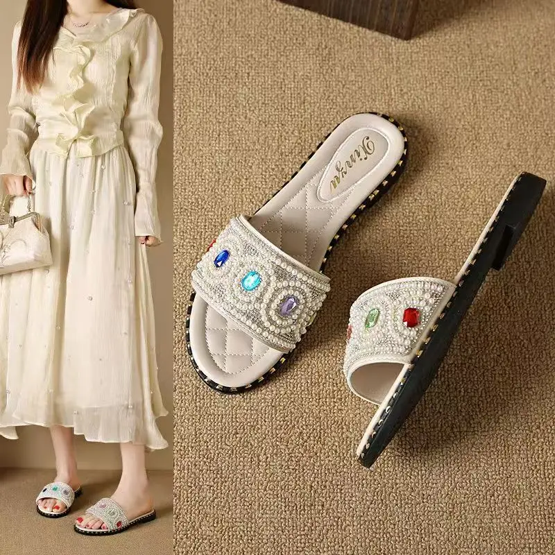 

2025 Summer Fashion Flat Diamond-Studded Sandals For Women - Slip-on Durable Comfortable Casual Beach Sandals