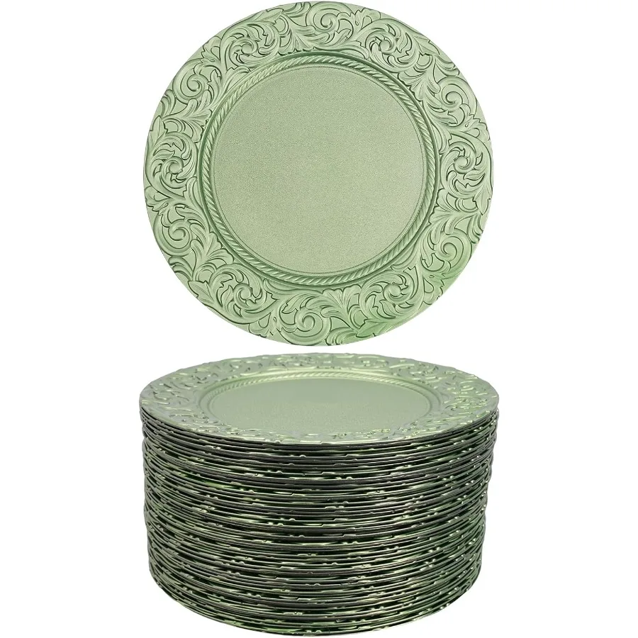 

100 Pcs Green Round Charger Plates Bulk 13 Inch Antique Charger Plate Set Plastic Embossed Dinner Plate for Wedding Antique Cha