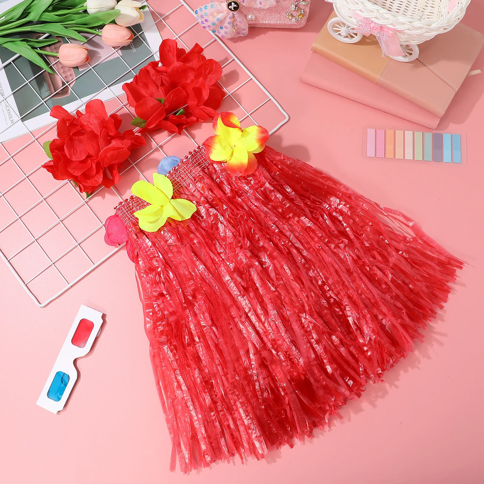 

6pcs Dance Costume Kids Grass Skirt Set Flower Headband Necklace Bra Tropical Party Hawaiian Luau Wedding Accessories