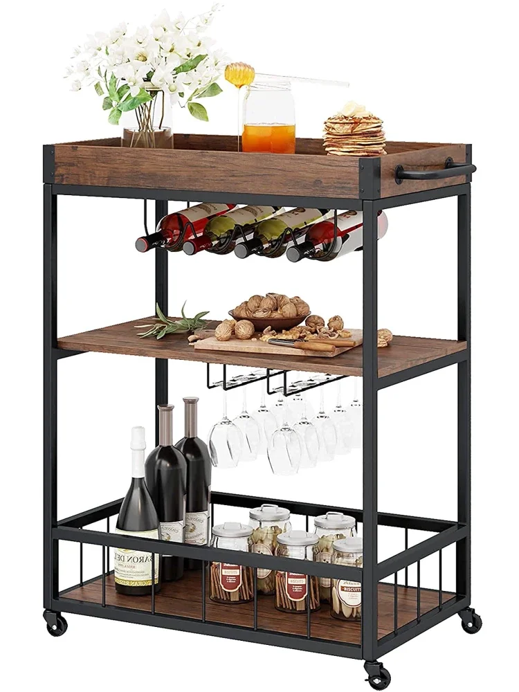 Bar Cart for Home Mobile Wood Metal Kitchen Serving Cart Storage Rolling Storage Cart with Drawers