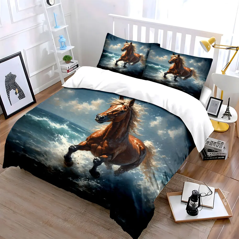 Galloping horse splashes through waves Bedding Set for Kids Luxury Gift 3pcs Digital Print Comforter Set Soft Comfortable