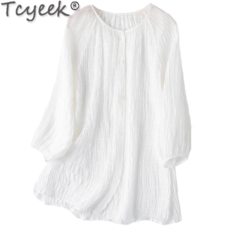 Tcyeek 100% Mulberry Silk Shirts for Women Spring Summer Lantern Sleeve Top Female O-neck White Tops Woman Clothing Camisa Mujer