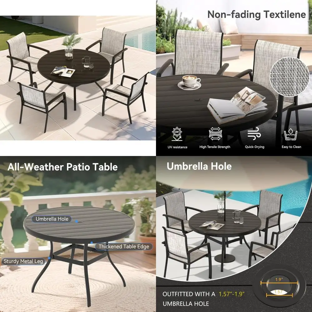 Round Outdoor Dining Set for 4 with Stackable Chairs and Umbrella Hole, Teslin Fabric, Patio Furniture Collection