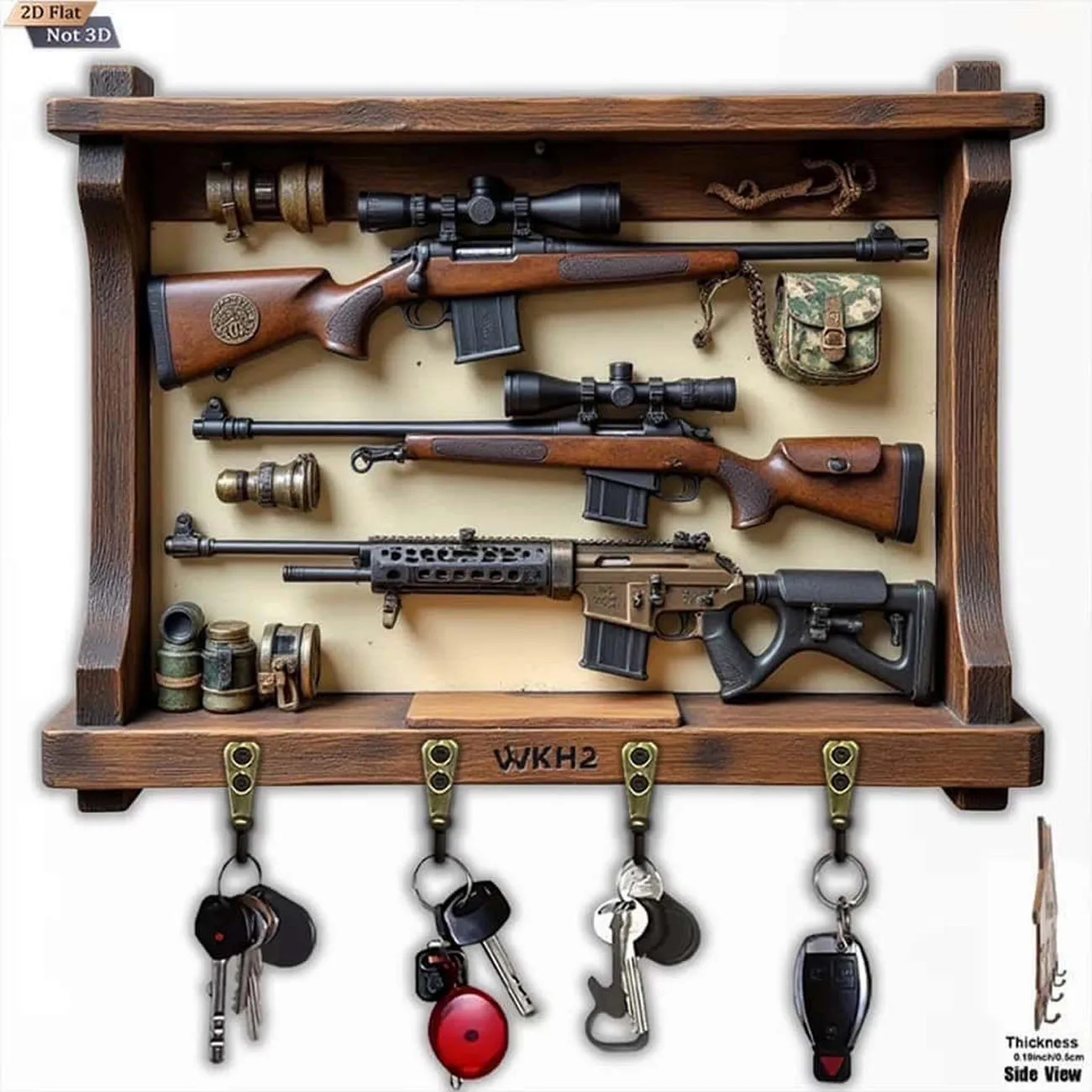 Wooden Key Holder 2D Flat Vintage Rifle Gun Pattern Wall Mount Key Rack 4 Hooks Man Cave Decor 1pc