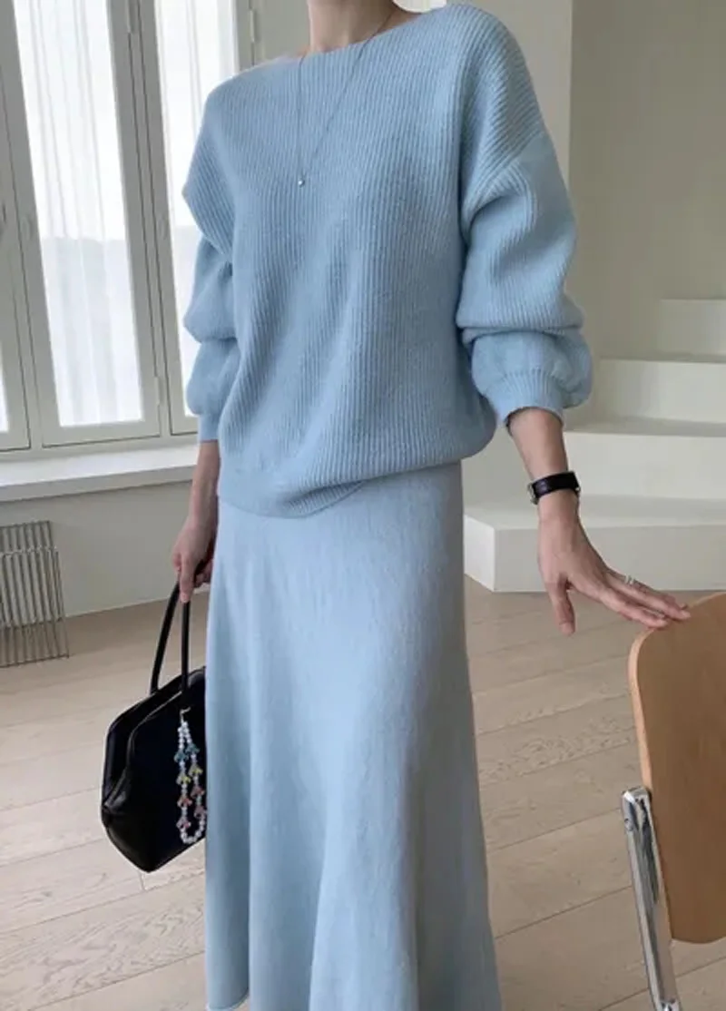 Korean Sweater 2 Piece Set Chic Lazy Autumn Winter Women O Neck Thick Knitting Warm Loose Pullover + Long Ball Gown Skirt Suits