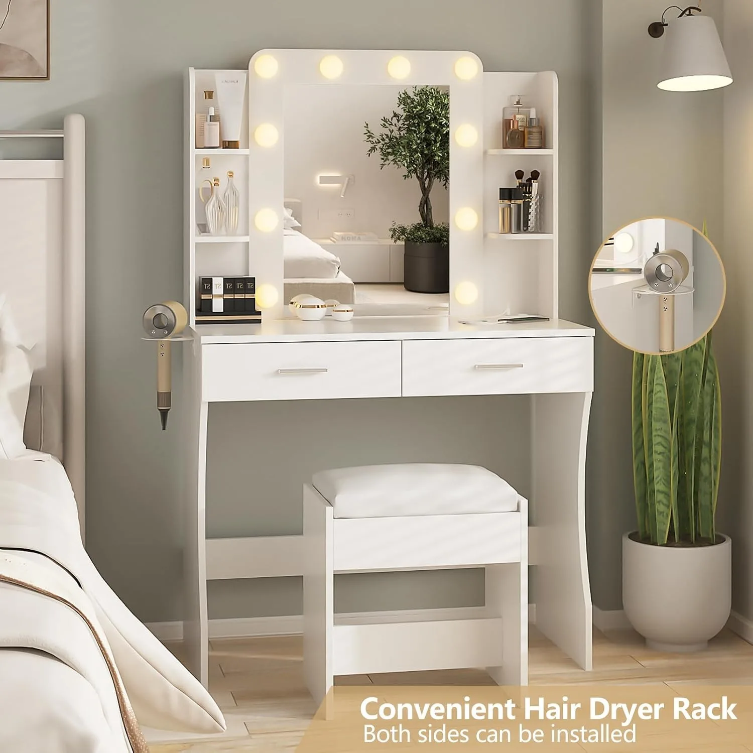 Vanity Desk with Lights,Makeup Vanity with Power Strip,Dressing Table Set ,Vanity Mirror 3 Lighting Color Adjustable, Customized