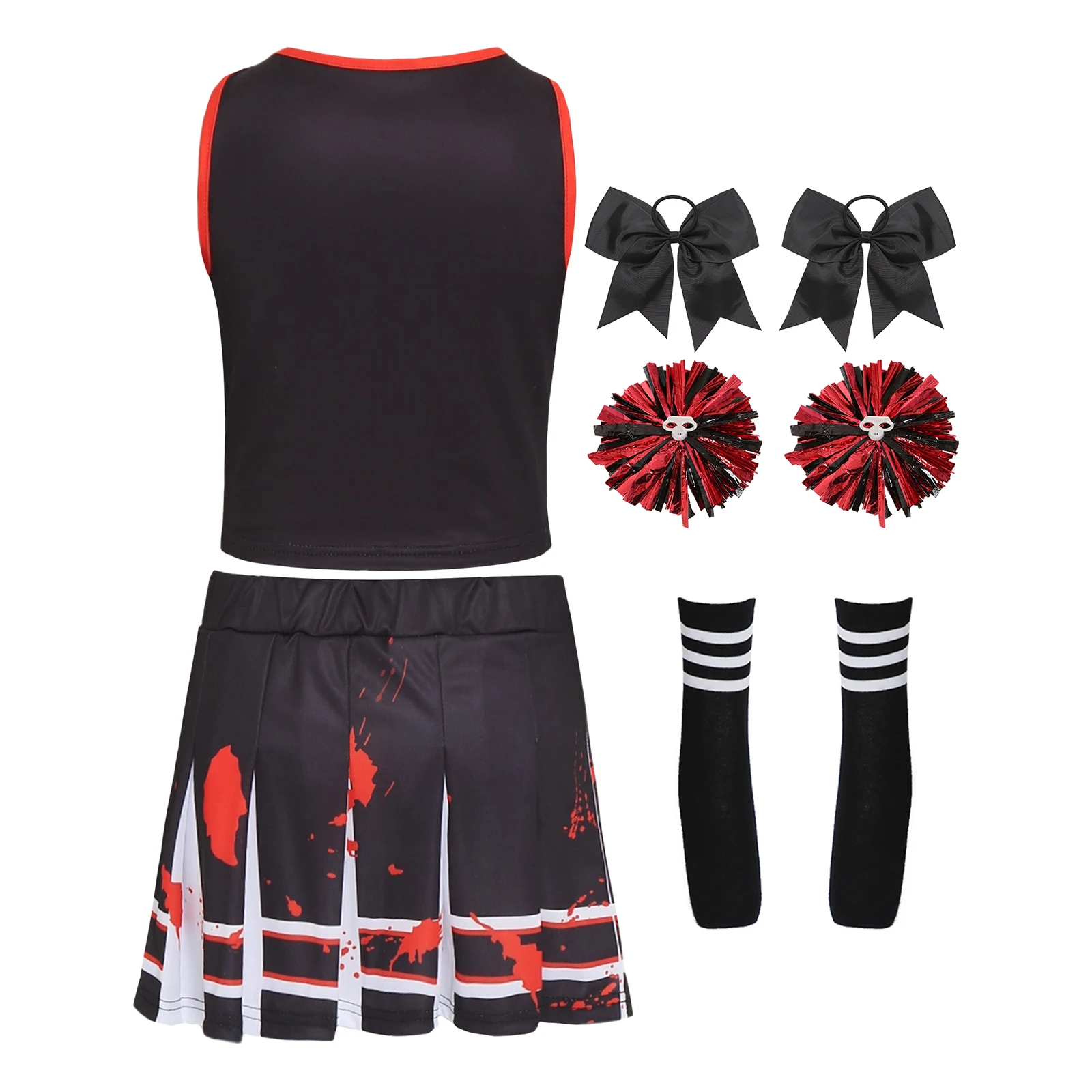 Crianças meninas uniforme de líder de torcida traje de líder de torcida roupas de dança de alegria crânio impressão em torno do pescoço sem mangas superior saia plissada