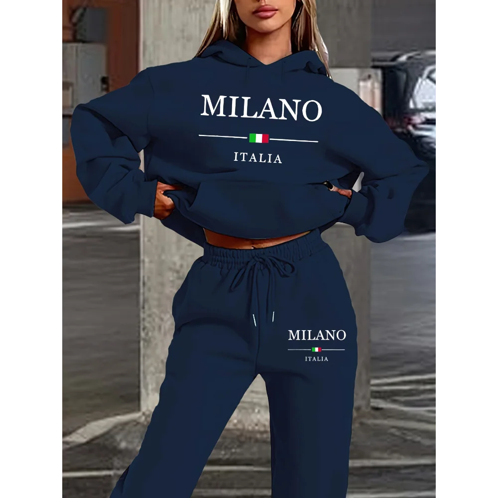 

Women's Autumn and Winter Fashion Casual Milan Italian Print and Thick Plush Warm Hooded Sweatshirt + Sweatpants Set
