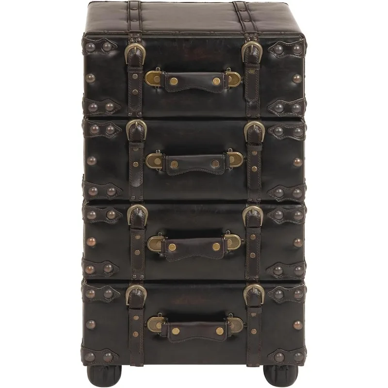 Faux Leather Room Cabinet Vintage 4 Drawer Storage Chest with Buckle Straps and Gold Rivet Details, Floor Standing Cabinet