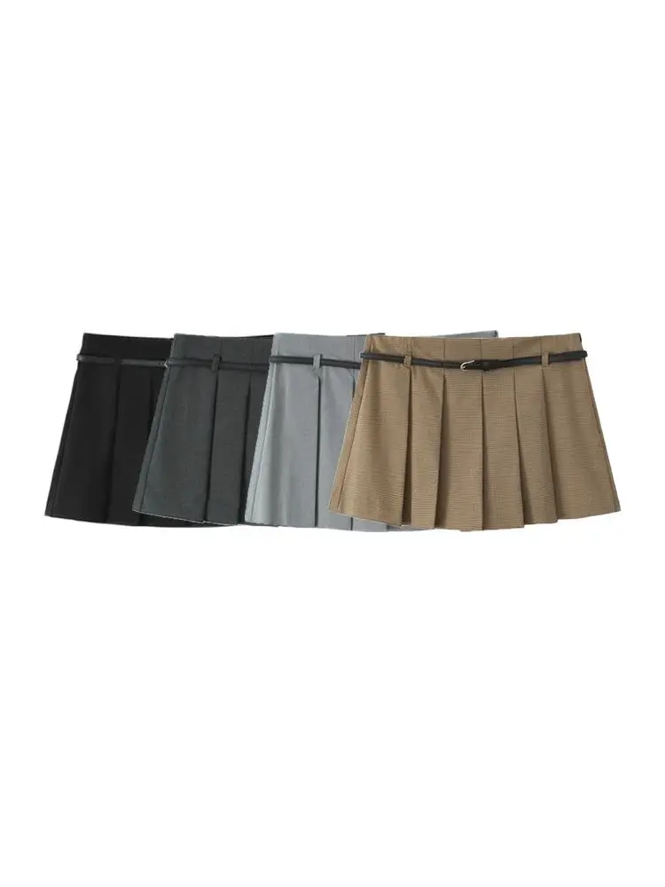 

TRZA Women Fashion With Belt Pleated Shorts Skirts Mid Waist Side Zipper Female Skort Mujer
