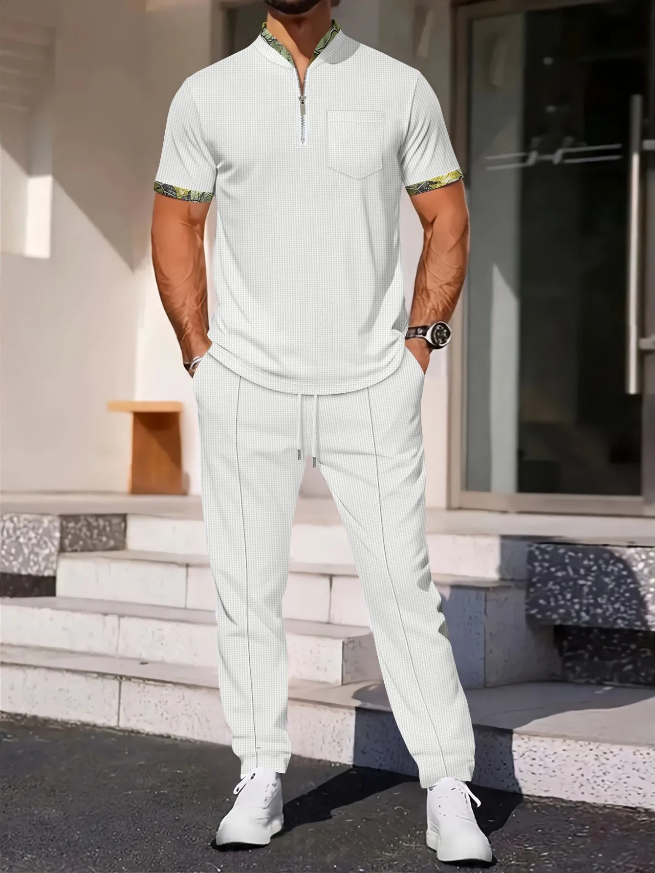 New summer men's comfortable, breathable, lightweight, cool and breezy waffle collar short-sleeved long pants casual sports suit