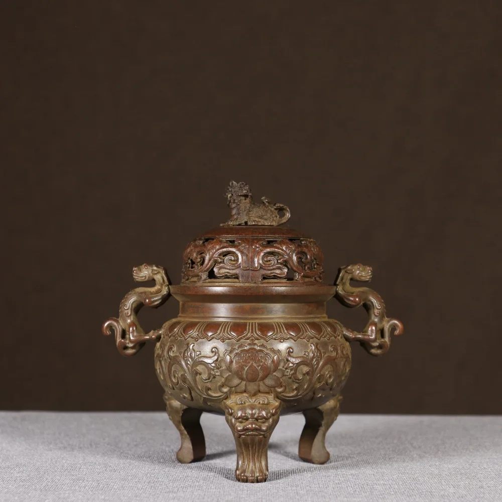 HYS pure copper household incense burner, Chilong ear with lid incense burner, indoor Buddhist hall Buddhist utensils,