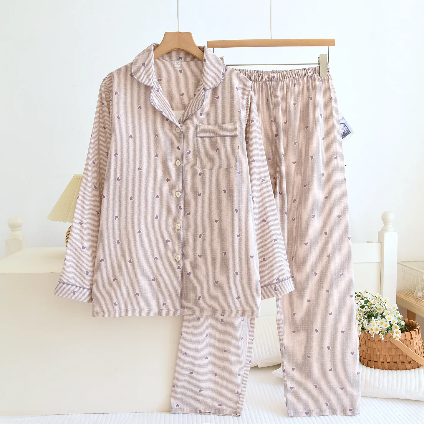 

Cotton Women Striped Pajamas 2-Piece Set Summer Long Sleeved Pants Women Pajamas Lady Homewear Sleepwear