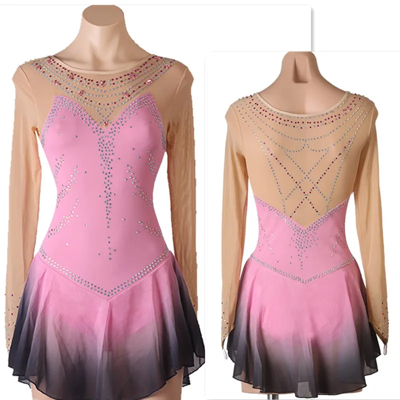 pink black gradient color Figure Skating Dress Women girl Ice Skating Dress Gymnastics Costume custom crystal rhinestone  B165