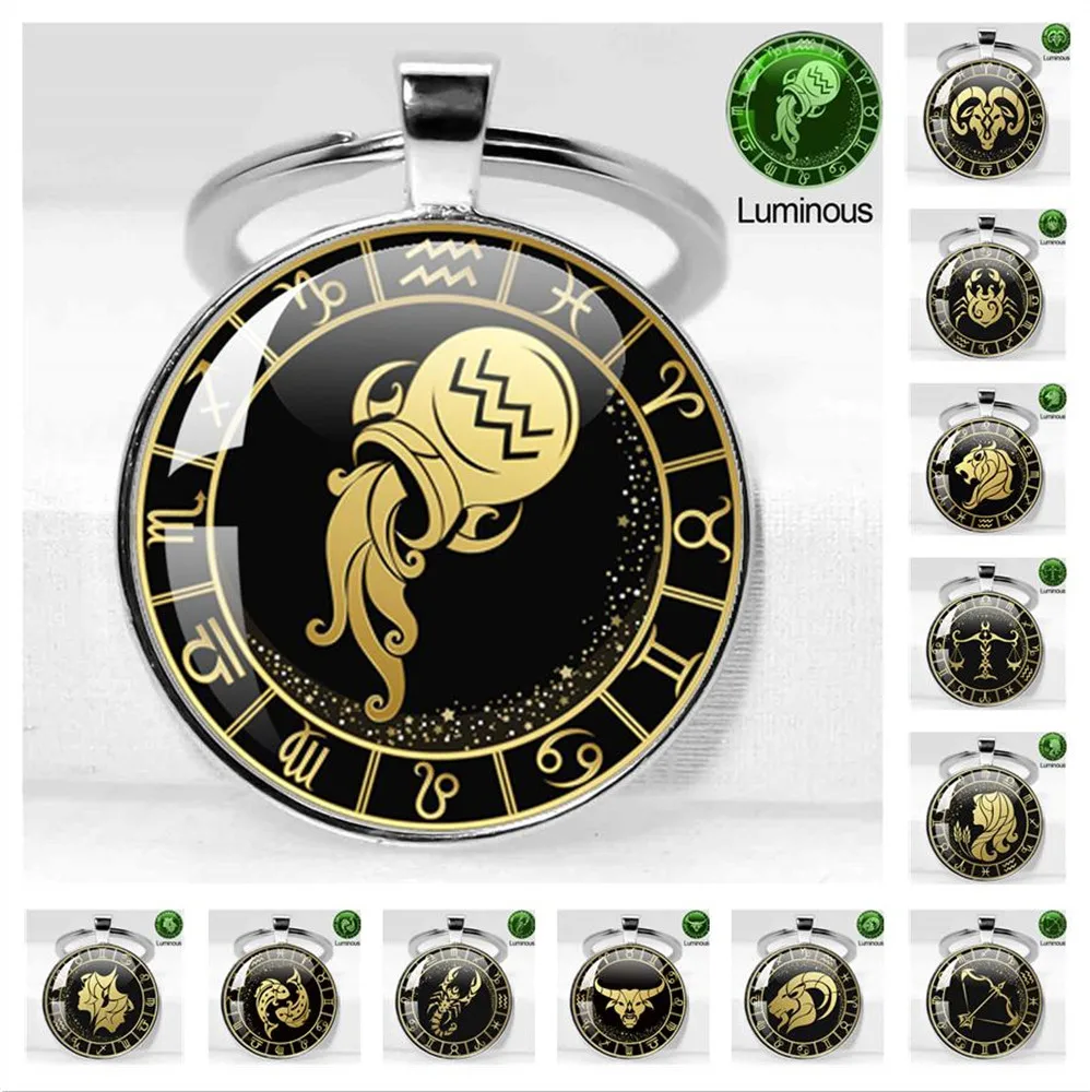 12 Constellation Luminous Keychain Glass  Pendant Zodiac Keychain Glow In The Dark Constellation Key Chain Holder Birthday Gift